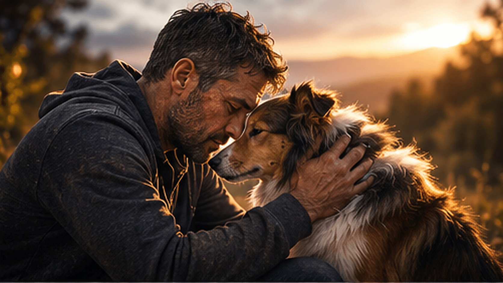 Ein Mann sitzt mit seinem Hund an einem Bach im grünen Wald – beide ganz im Moment, aufmerksam und ohne Ablenkung.